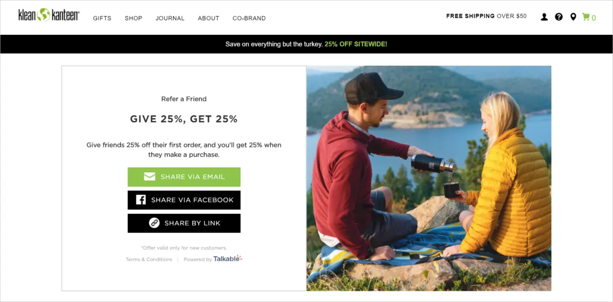 Klean Kanteen web page featuring a 'Refer a Friend' promotion where both parties receive 25% off. A man and woman are enjoying the outdoors, sharing a drink, symbolizing the shared benefit of the referral program.