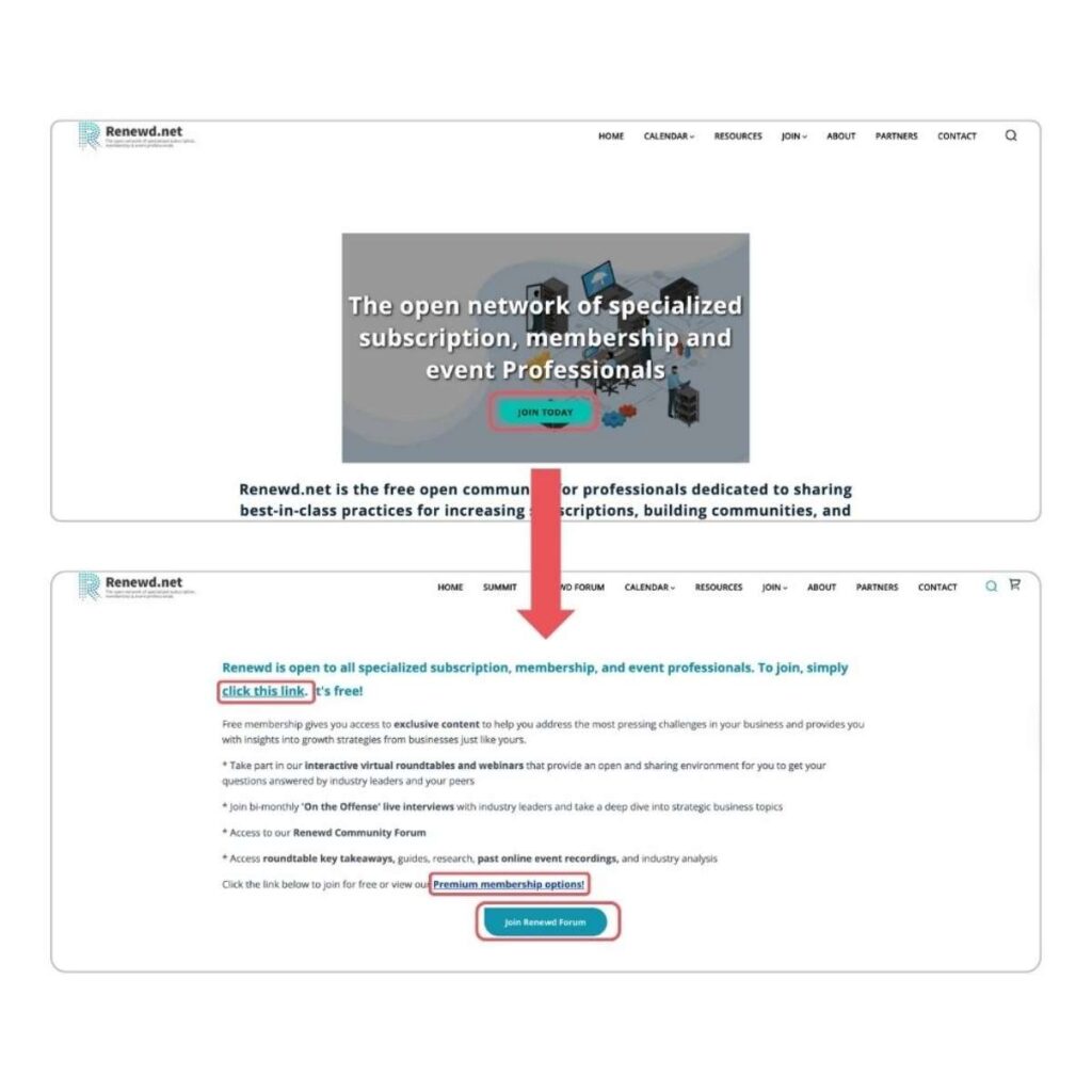 a screenshot of a before and after of the Renewd membership website that shows an effective navigation route for website visitors 