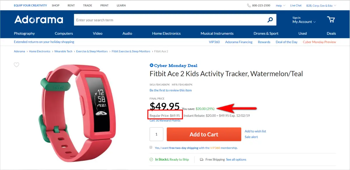 Adorama's Cyber Monday special for a Fitbit Ace 2 Kids Activity Tracker in Watermelon/Teal, displayed at a sale price of $49.95, down from the regular price of $69.95, highlighting a 29% savings to encourage a timely purchase.
