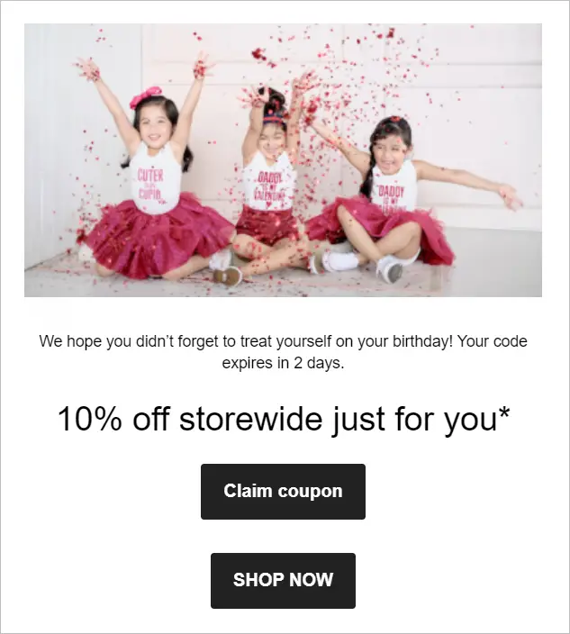 Three joyful children throwing confetti in celebration, with a promotional message for a 10% storewide discount, inviting customers to treat themselves on their birthday with a time-sensitive discount offer.
