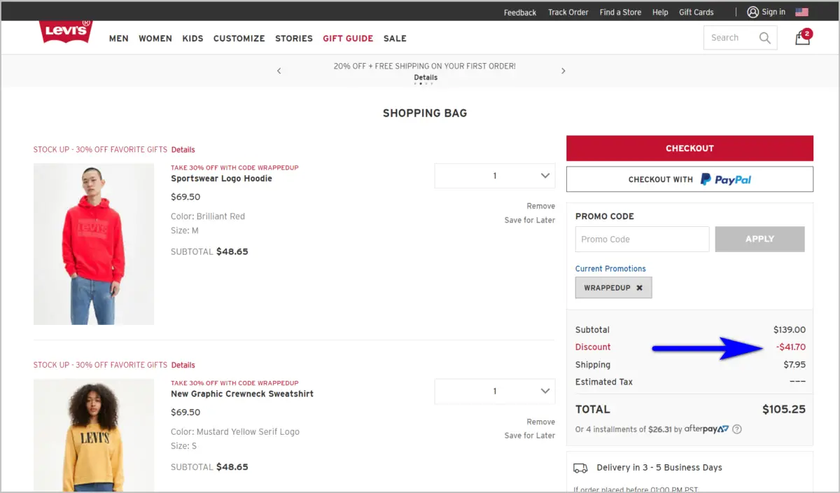 Levi's checkout page displays a red Sportswear Logo Hoodie and a mustard yellow Graphic Crewneck Sweatshirt, each with a clear red minus sign indicating the applied discount from a 30% off code, showing the combined savings at the total.