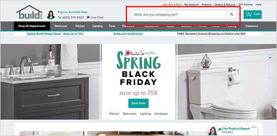 Build.com on-site search bar 