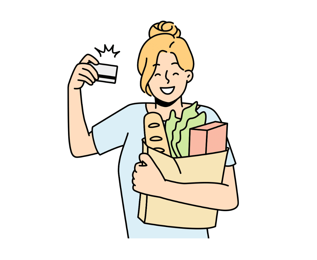 A delighted woman holding a grocery bag full of food items and a credit card, smiling broadly, representing the Action stage of the AIDA model where the customer completes a purchase.