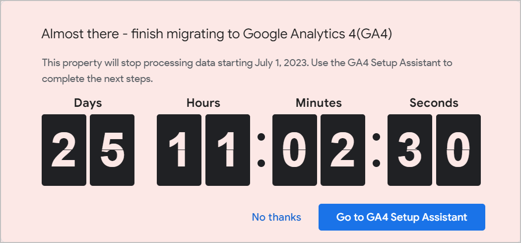 Google Universal Analytics end of life countdown popup modal with the number of days, hours, minutes, and seconds remaining.