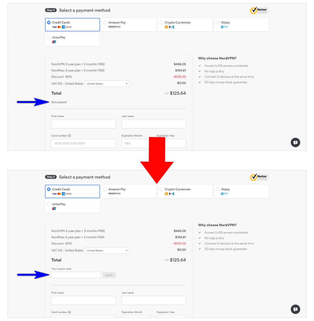 Comparison of NordVPN's checkout page showing a subtle design change in the coupon code section. The top part features a less obvious 'Got coupon?' link, while the bottom part highlights an expanded coupon code entry field, guiding users smoothly through the payment process without distracting from the main transaction..