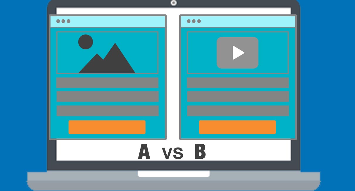 What is CRO – Two versions of a webpage labelled A vs. B. A has an image, while B has a play button for a video. 