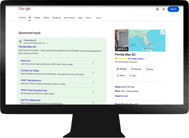 GIF shows a Google Ad being clicked on, and the visitor's landing page. The landing page is annotated up with a red lines, circles and checkmarks.