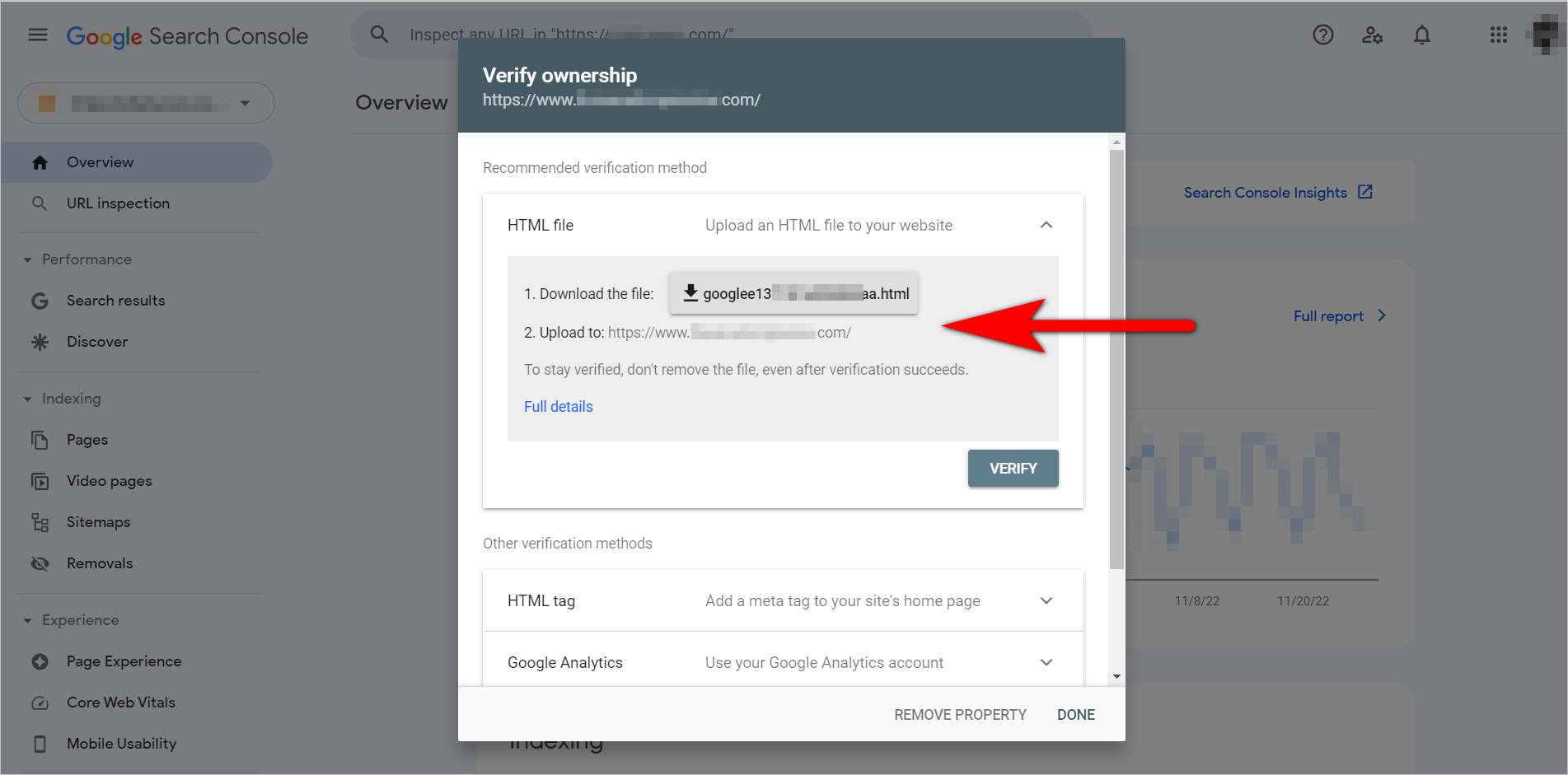 Google Search Console Basics – Verify ownership modal displayed after the user has inputted their URL in the previous popup.