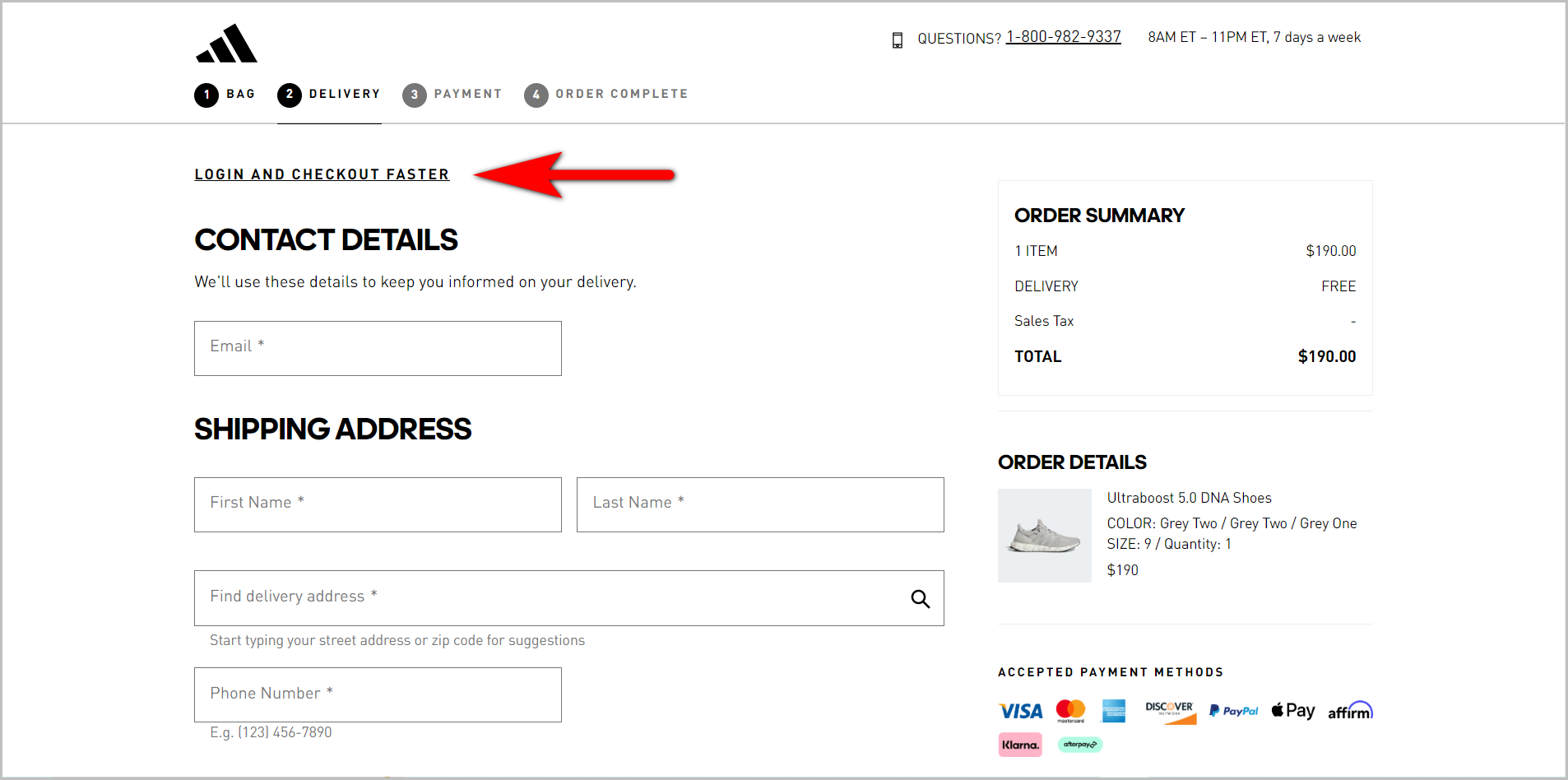  E-commerce checkout best practices example – Delivery page with a login text link at the top, above the e-mail input field