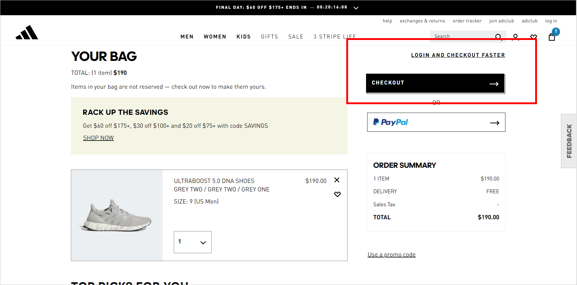Adidas.com’s shopping bag with the added product on the left side and the checkout button and order total on the right