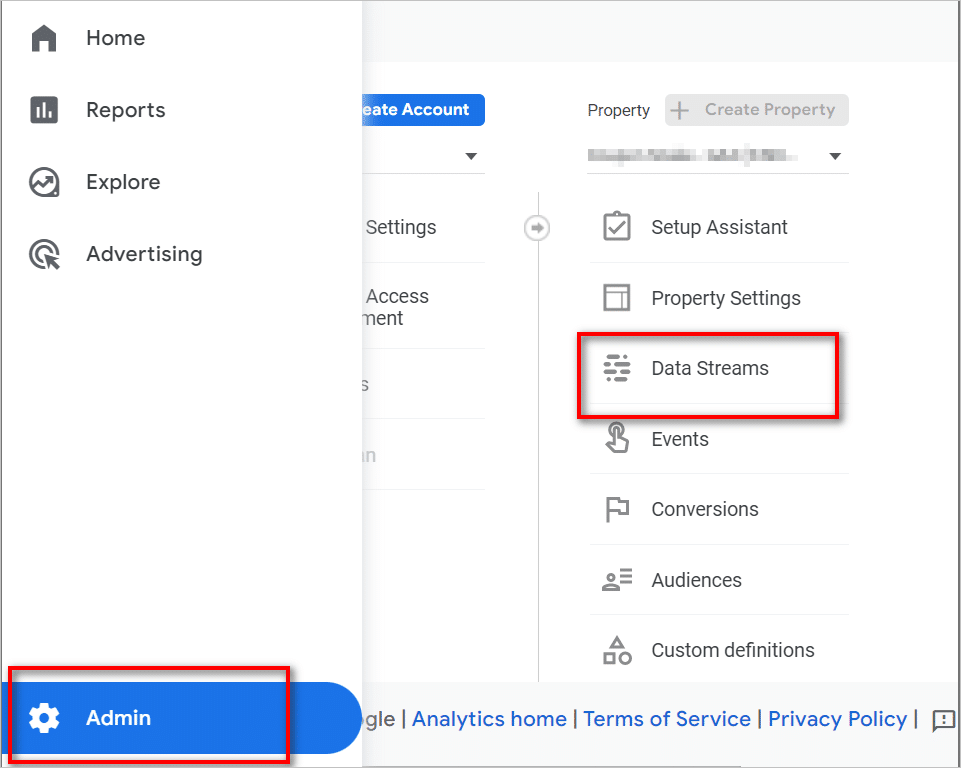 Google Universal Analytics end of life- Setting up PDF tracking in GA4- Admin button on the left nav bar and Data Streams link visually highlighted