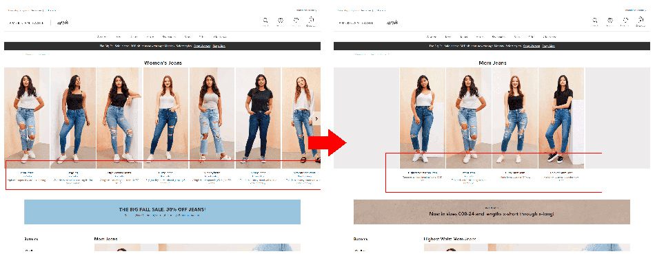 Conversion rate optimization for e-commerce example. American Eagle product category pages. 