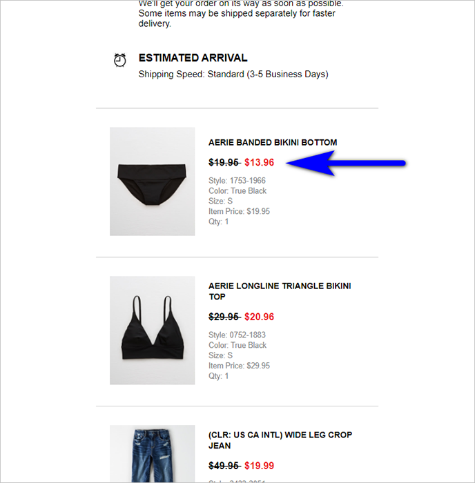 good transactional email example - american eagle's order confirmation e-mail shows the original price of on-sale items with a strikethrough beside the sale price in red