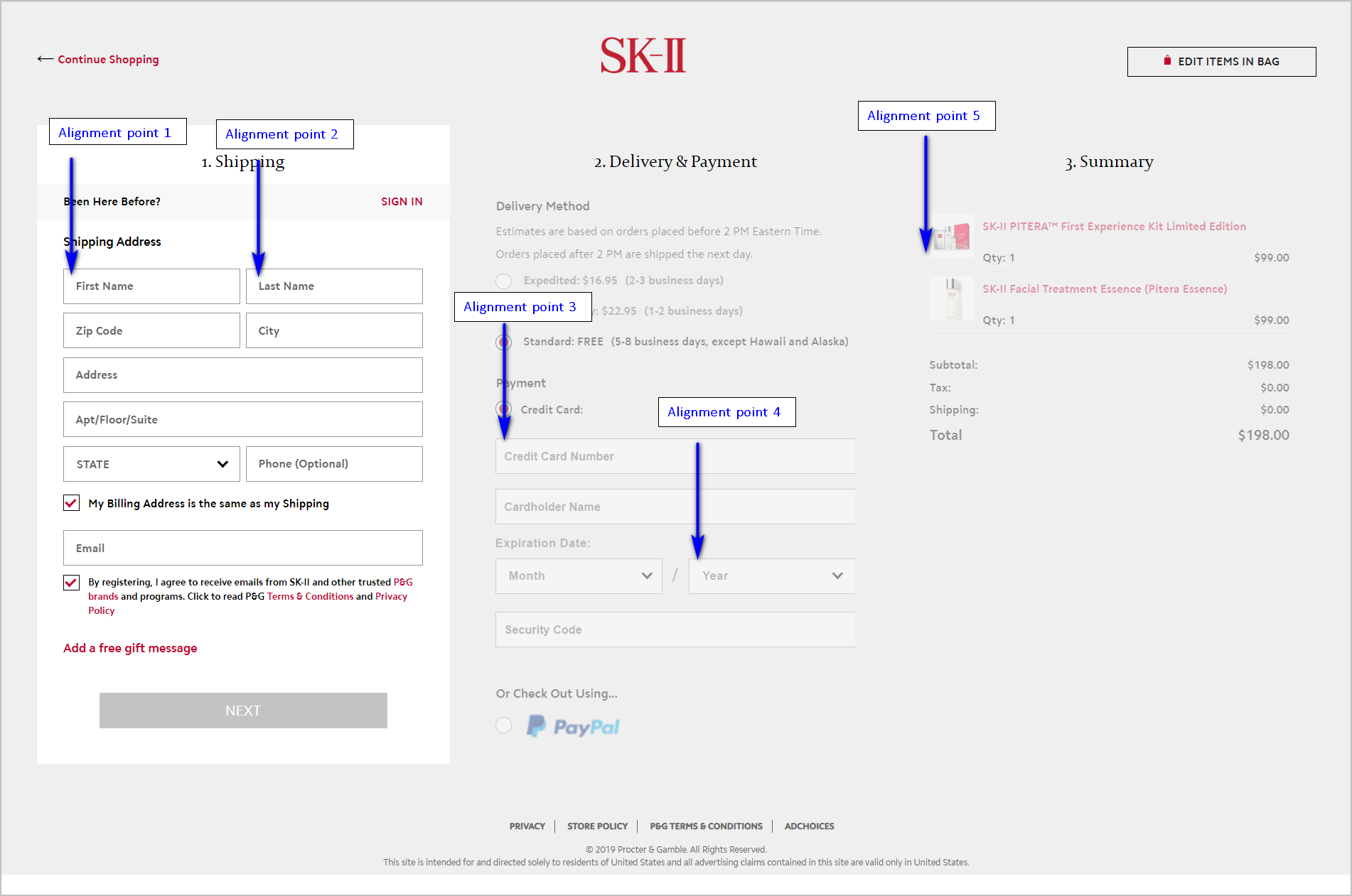 reduce cognitive load: alignment points example - SK-II.com's checkout page divided into the shipping, delivery & payment, and summary sections. the shipping section has 2 alignment points, the delivery & payment section has 2 alignment points, and the summary section has 1 alignment point. only the shipping section is active 