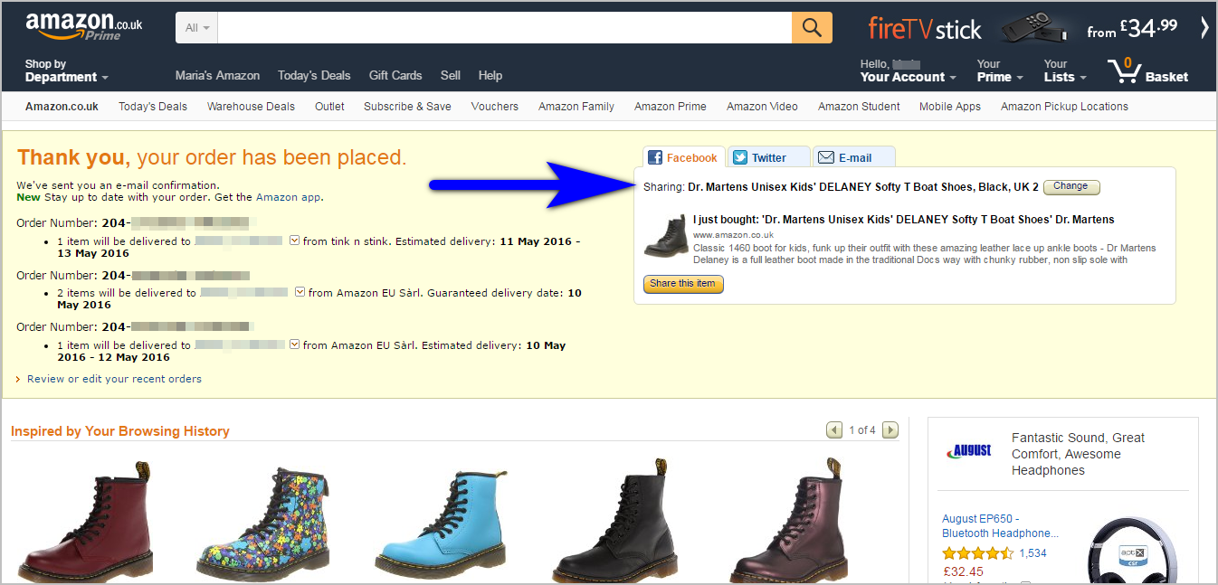 improve post-purchase experience - social media sharing functionality example - amazon.co.uk's thank-you page with order details on the left side and a social media section on the right with options to share the purchase on facebook, twitter, and e-mail. the section has a "share this item" call to action button 