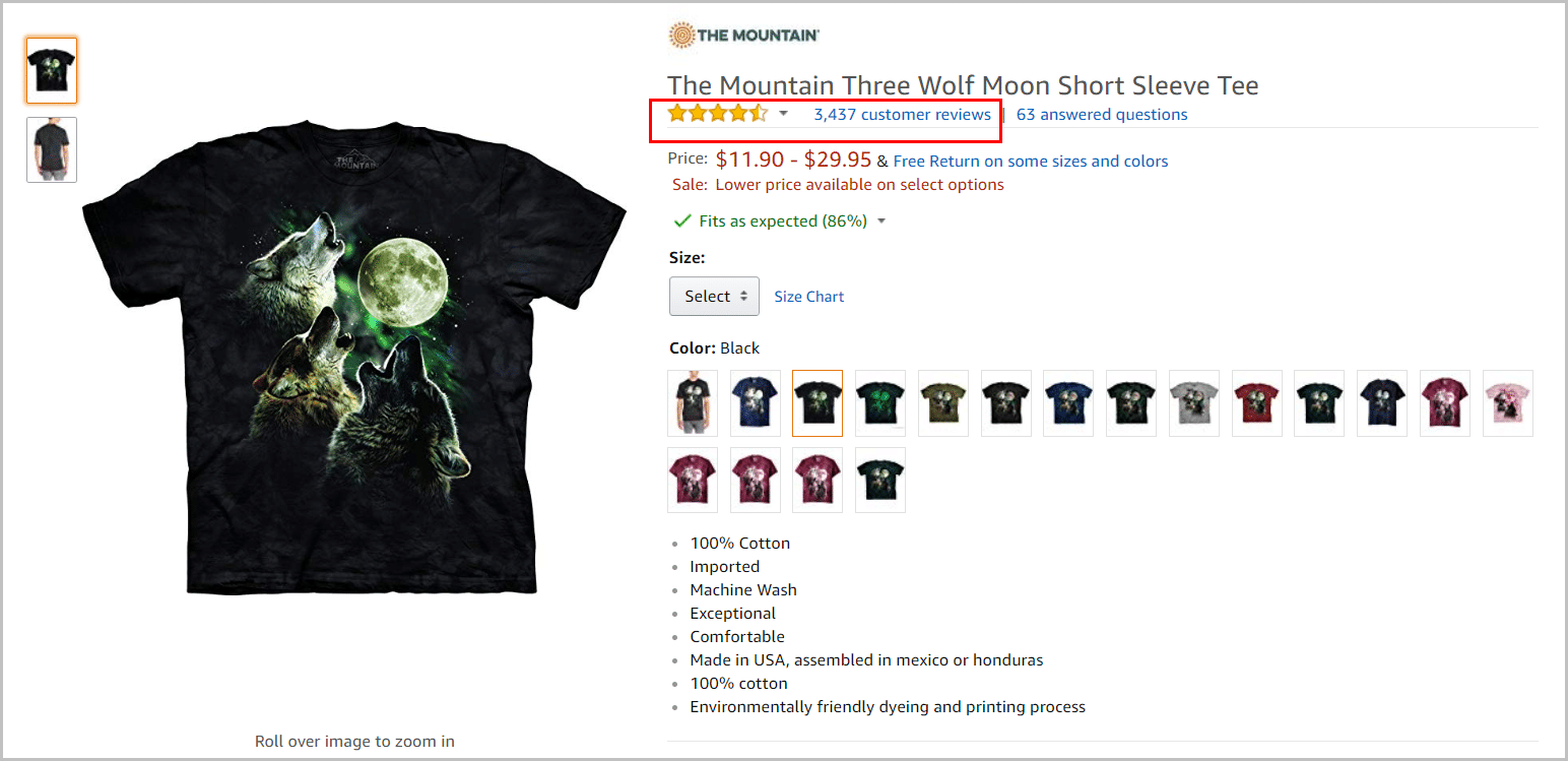Three Wolf Moon shirt product detail page on Amazon