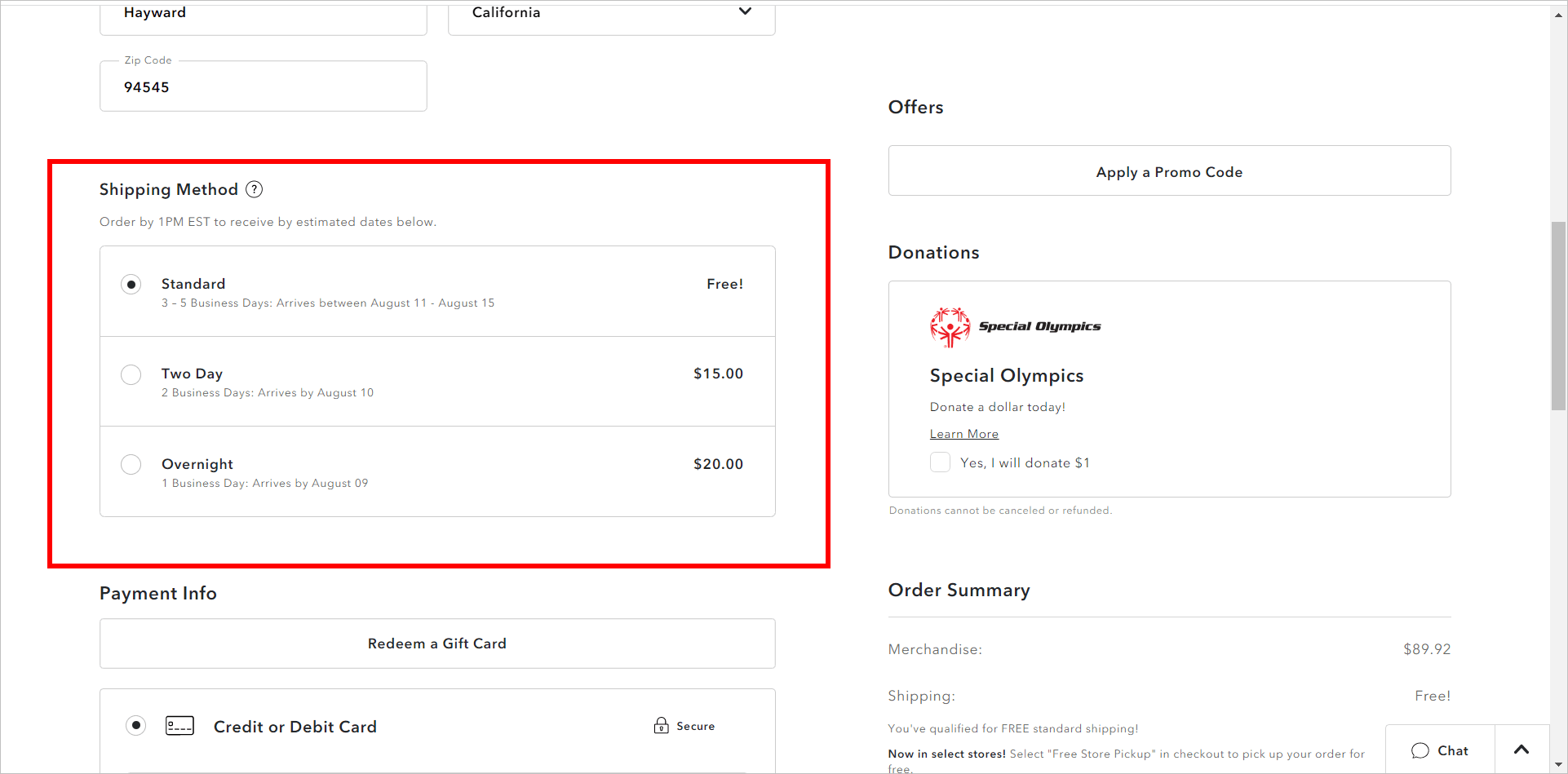The shipping method section showing 3 different shipping options with radio buttons. Each option indicates an estimated delivery date and price.