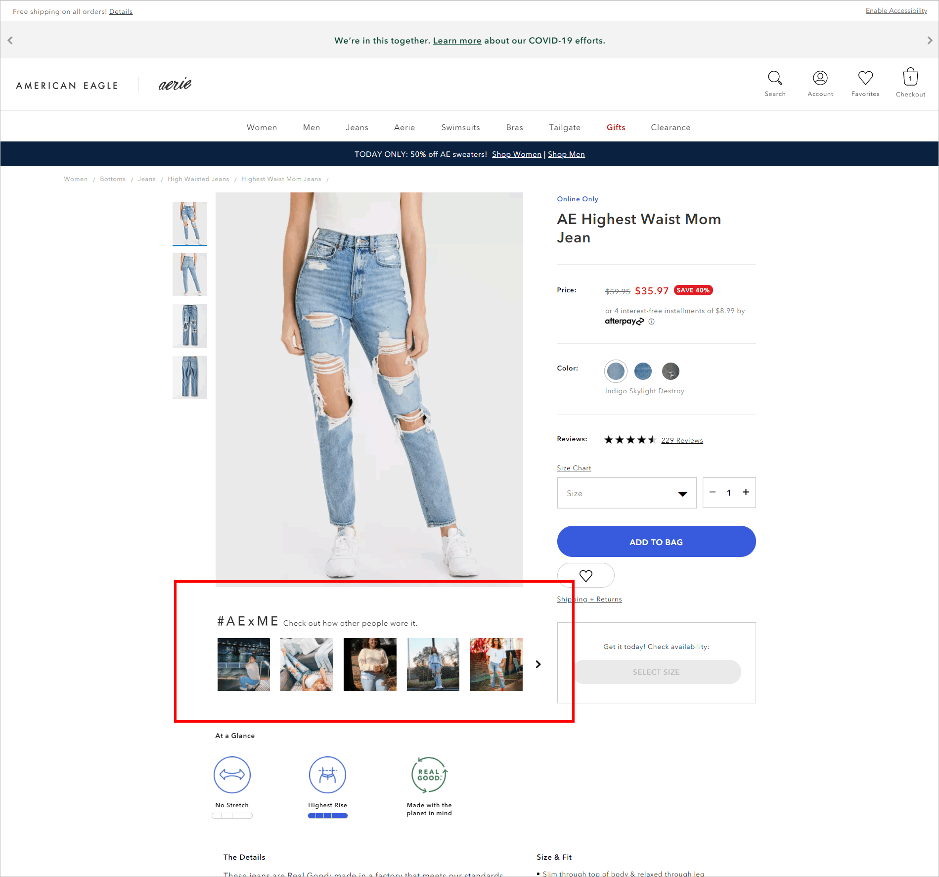Conversion rate optimization for e-commerce example. Product image section with user-submitted images below the primary hero image