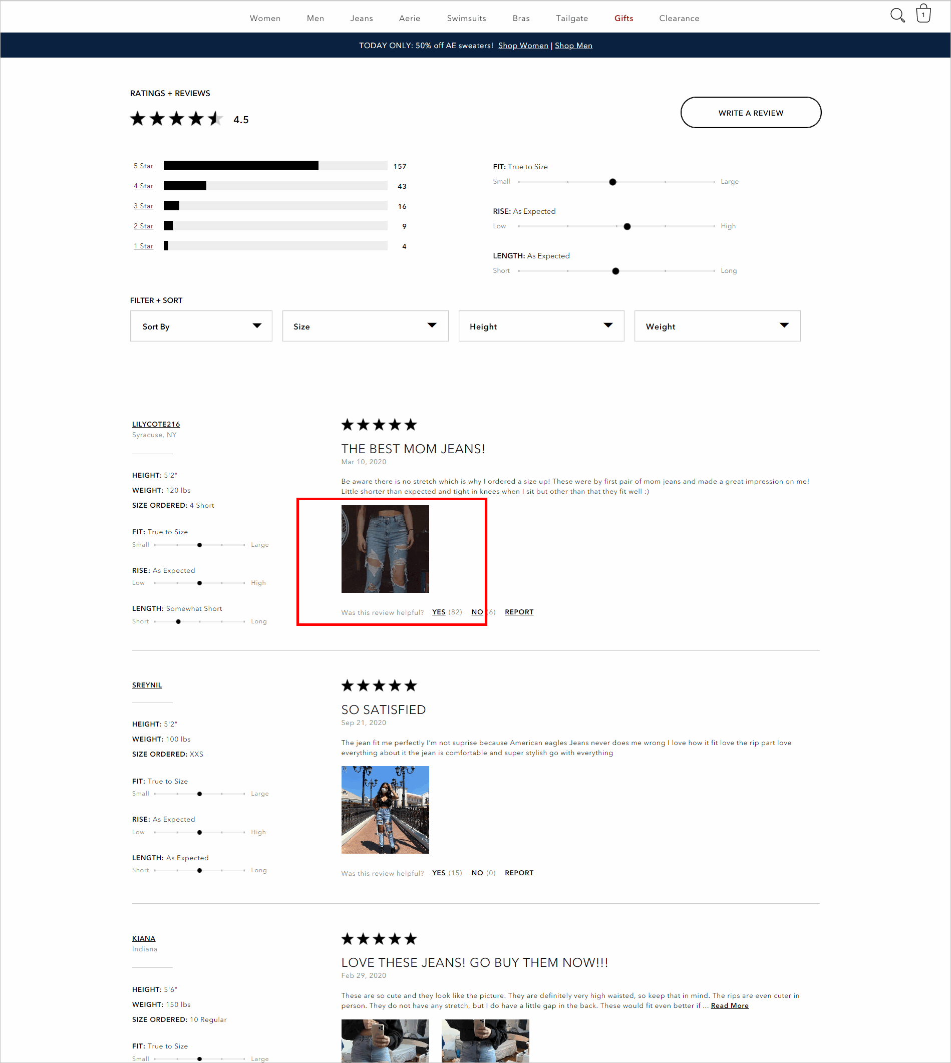  Reviews section with dropdowns for filtering and sorting. It allows users to filter reviews based on size, height, and weight.