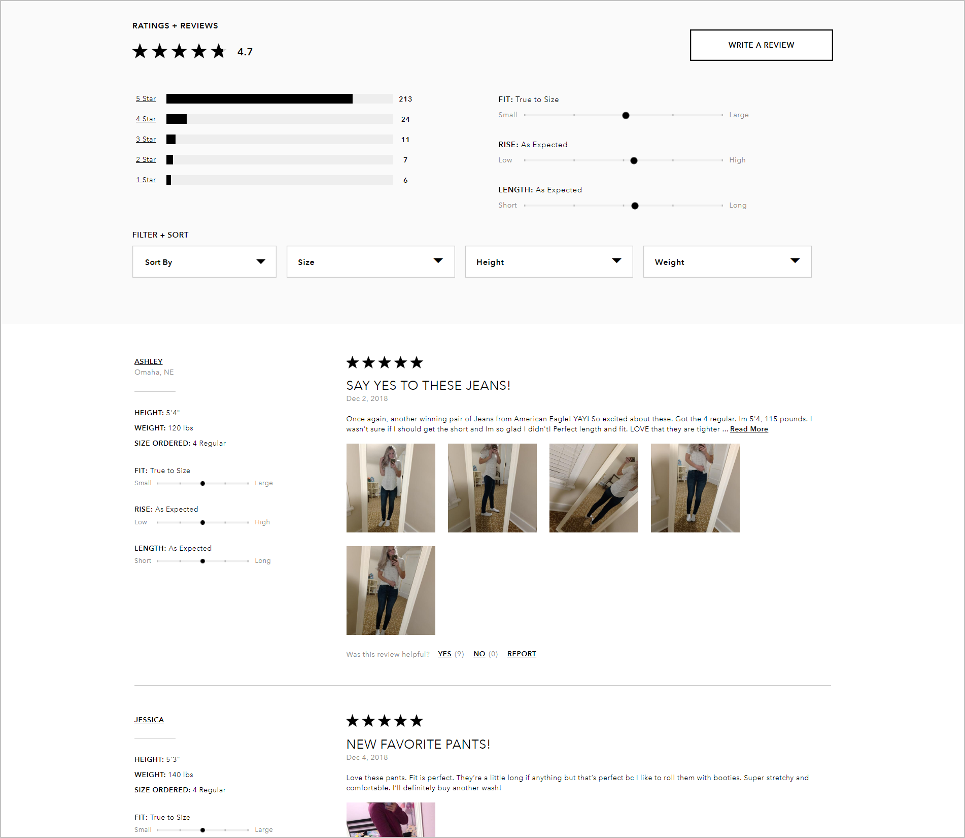 The ratings and reviews section of American Eagle's product detail page which allows users to filter and sort reviews by size, height, and weight of the reviewers. 