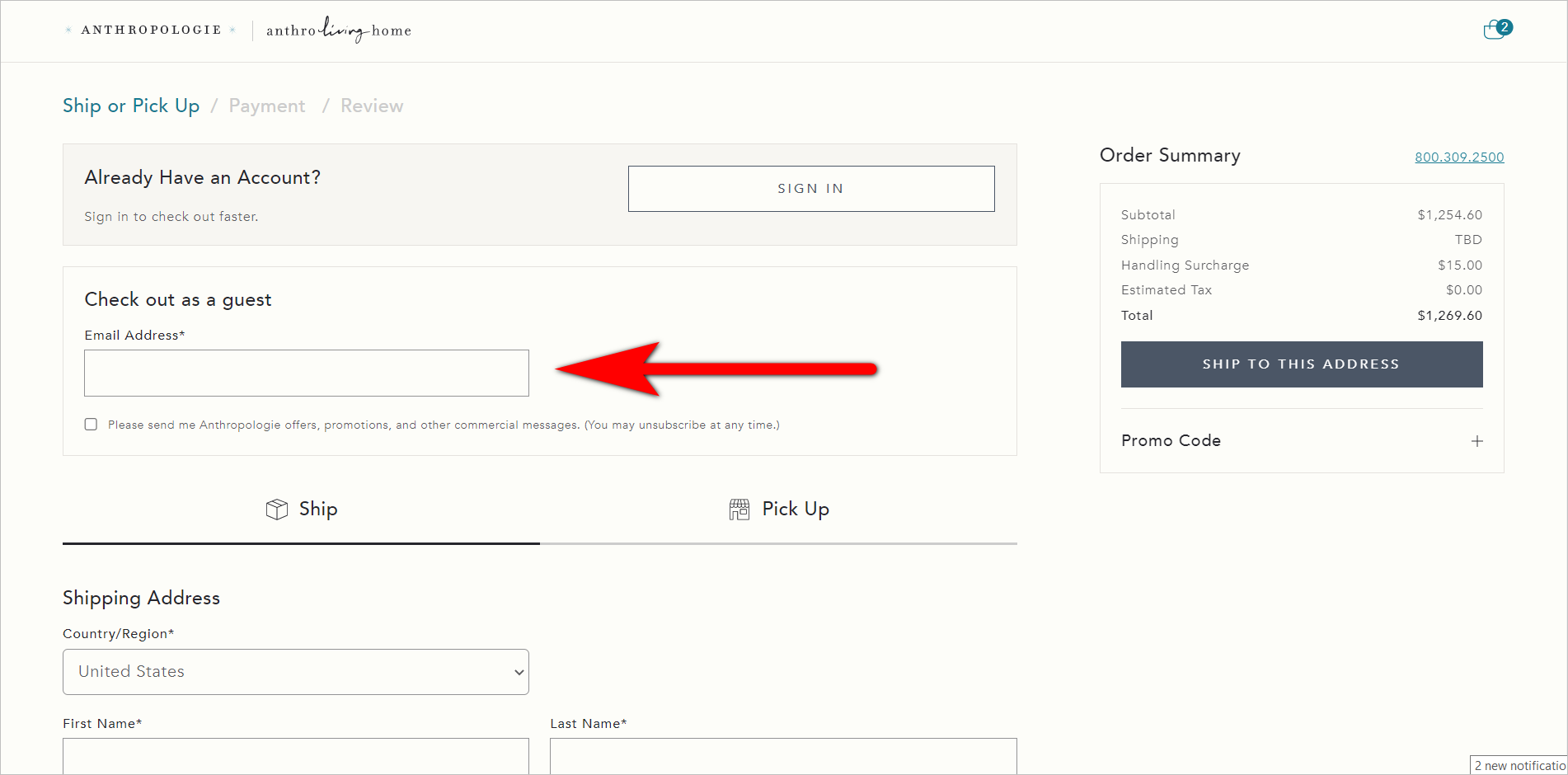 E-commerce checkout best practices example – The top section of Anthropologie’s Ship or Pick up page.