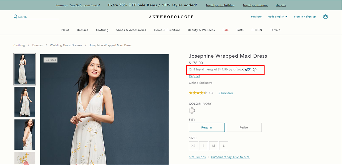 allow installment payments example - anthropologie.com's product detail page offers afterpay - below the price in the action block on the left side, it says "Or 4 installments of $44.50 by afterpay" 