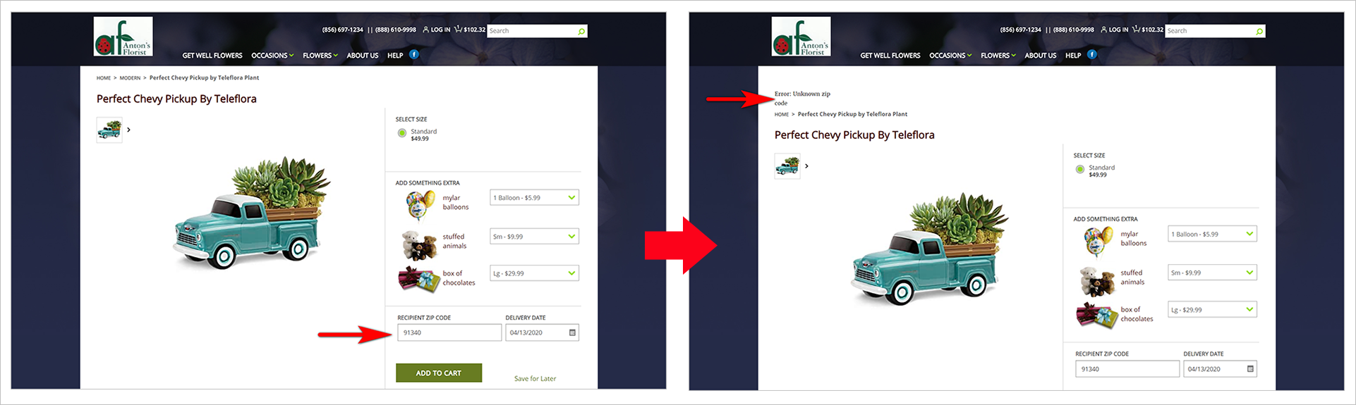 reduce cognitive load: lack of feedback example - the image on the right side shows antonsfloristnj.com's pdp with the product image on left side and dropdown options, a zip code field, a delivery date selector, and an "add to cart" button on the right side of the page. the image on the left side shows what happens when the user puts in a zip code the company does not cater to and clicks "add to cart" - the pdp remains the same but shows the message "error: unknown zip code" in the upper left corner, above the breadcrumbs 