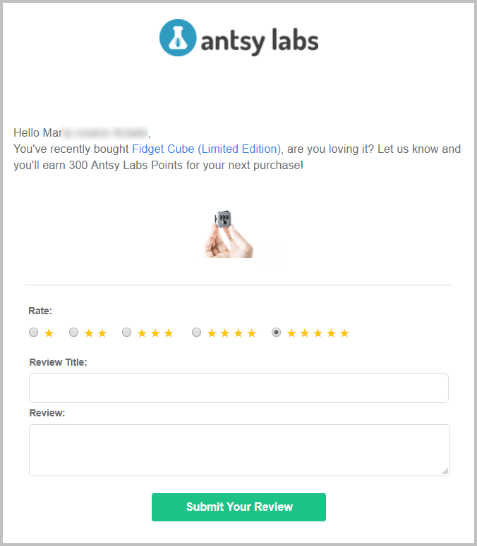 Antsy Labs's follow-up e-mail asking the customer to rate and review the product.