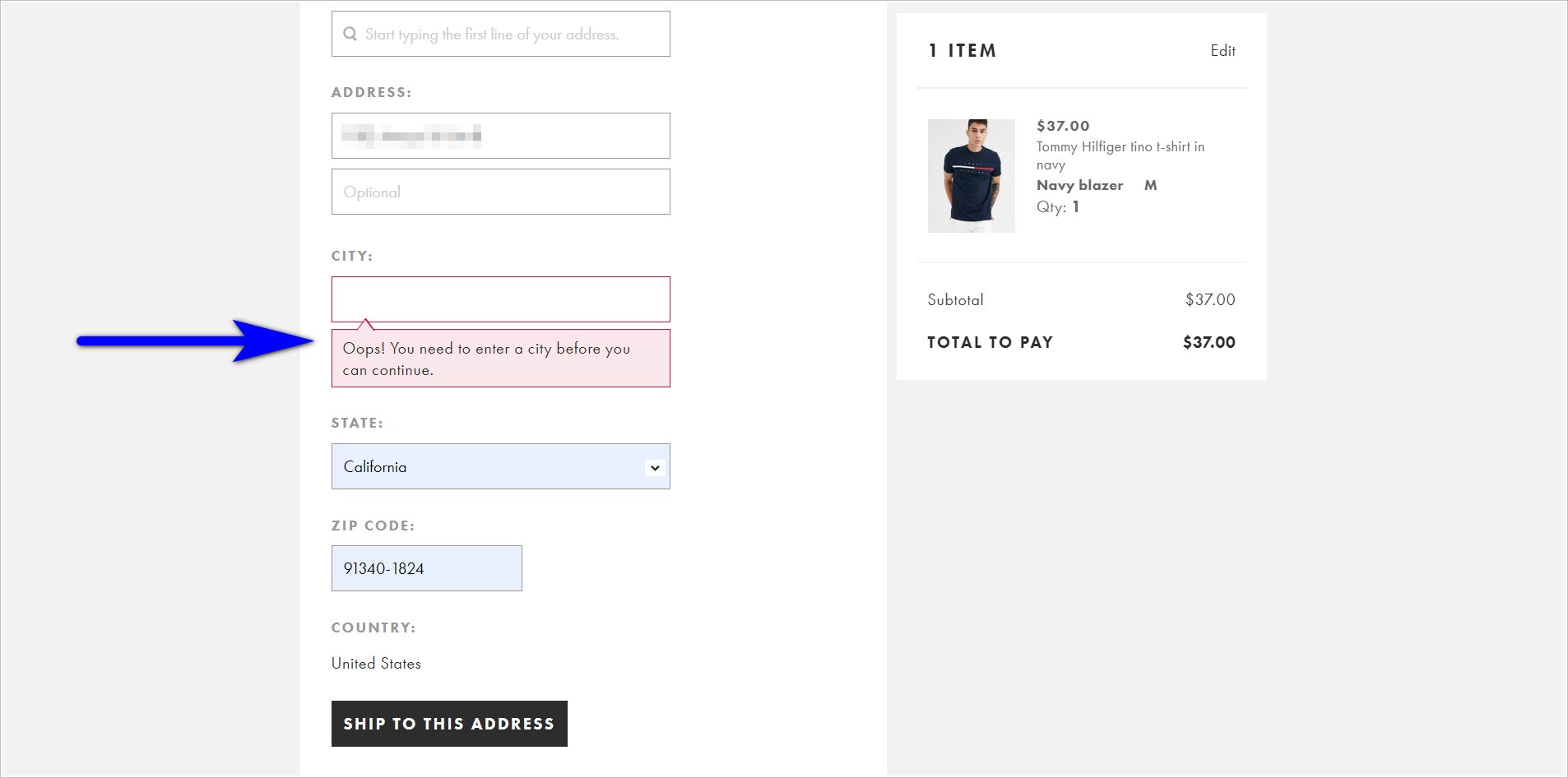 A portion of Asos's checkout. Address form is on the left side of the page. Product details and order total are on the right.