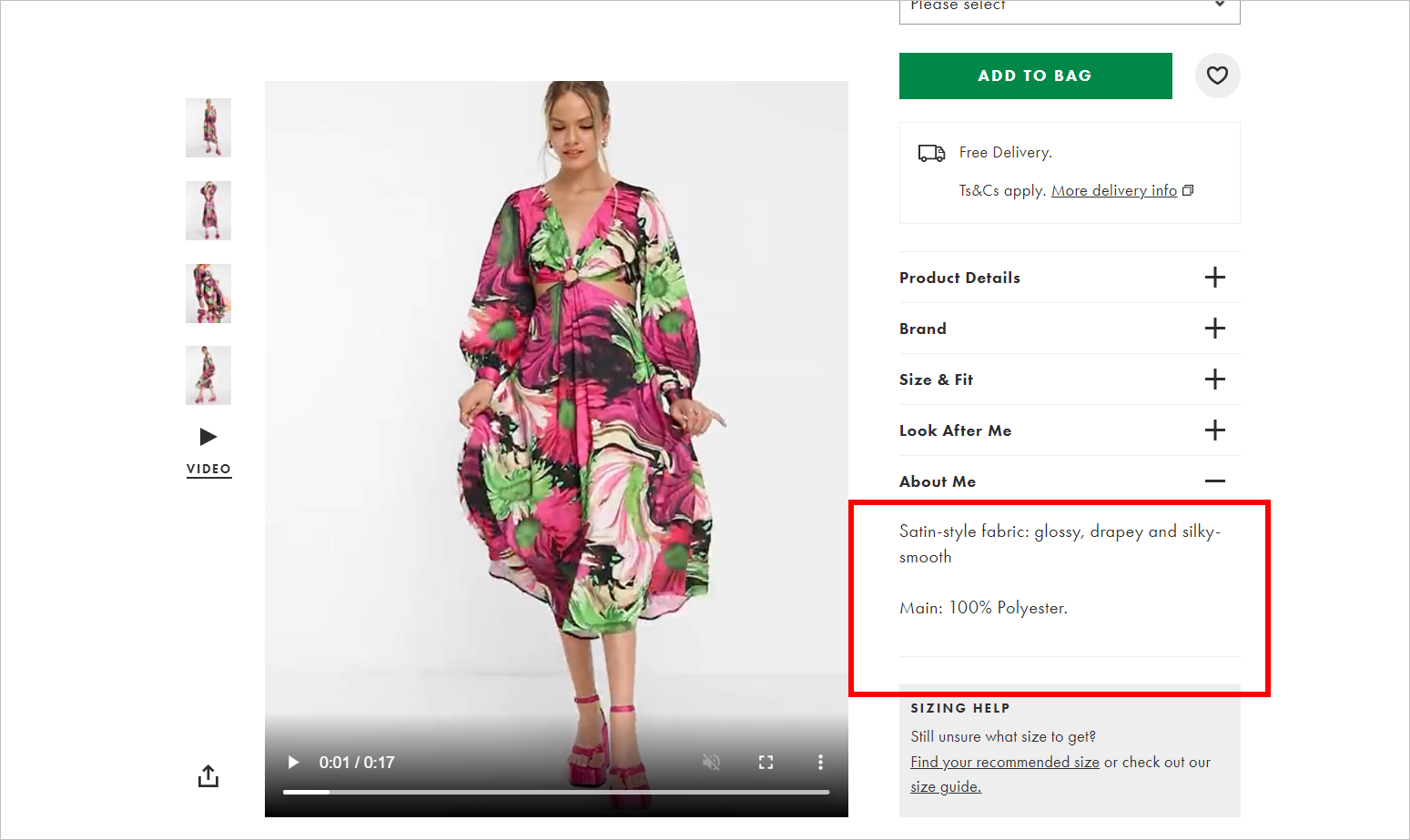 PDP with images and video on the left and CTA and product details on the right. The video is playing and shows a woman in a floral dress