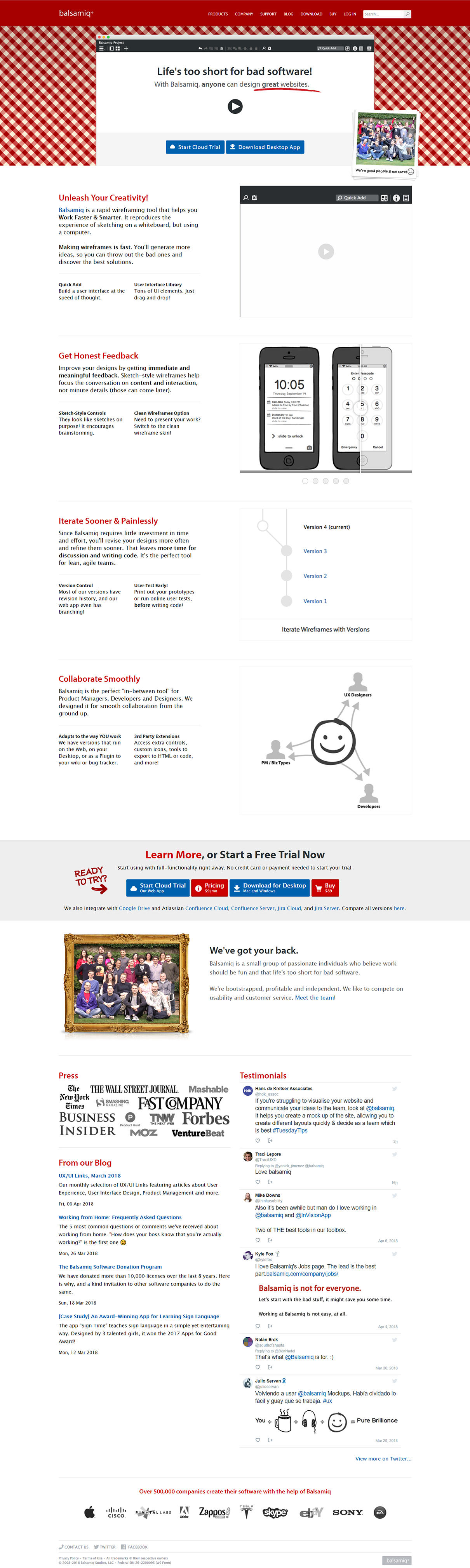 Balsamiq.com home page - obscure trust symbols example - quick fix to improve website conversion rate
