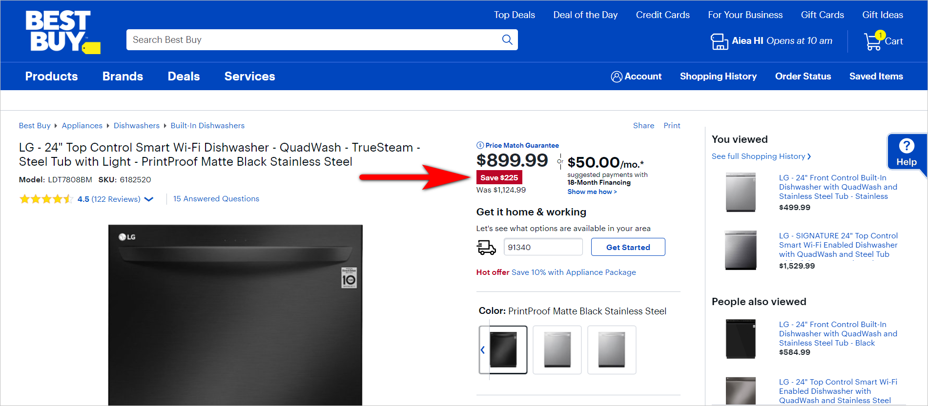 the rule of 100 - big ticket item example: bestbuy.com product detail page for LG 24" top control smart wifi dishwasher with a regular price of $1,124.99 and a sale price of $899.99. the pdp shows that the customer saves $225