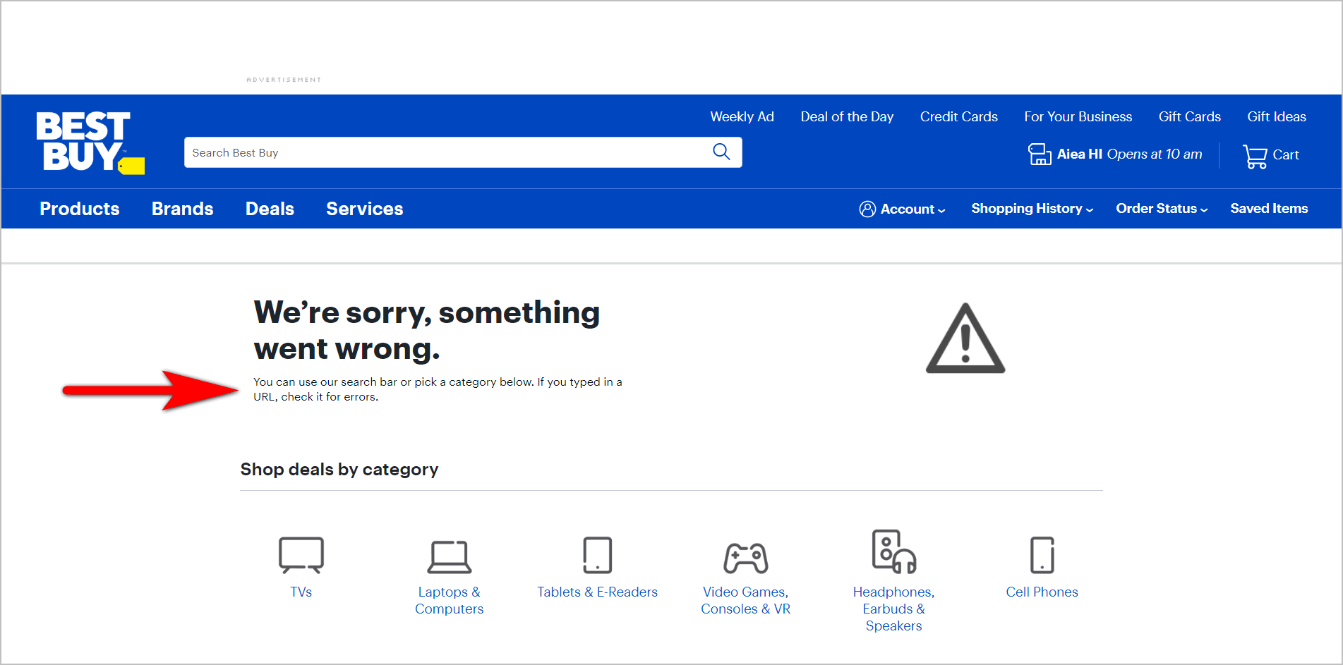 holiday e-commerce recommendation: helping users recover on a 404 page example- bestbuy.com's 404 page with message "we're sorry, something went wrong" plus suggestions to use search bar, to choose one of the product categories presented below, or to check the URL the user typed in for errors