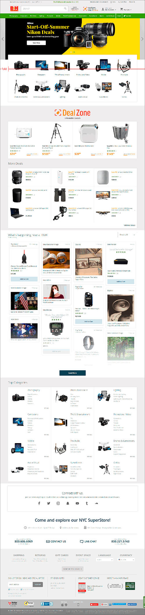 BHPhotoVideo.com: Example of good homepage design - follows web conventions, establishes leadership, employs scarcity principle, uses visual navigation with a collage of products to represent categories