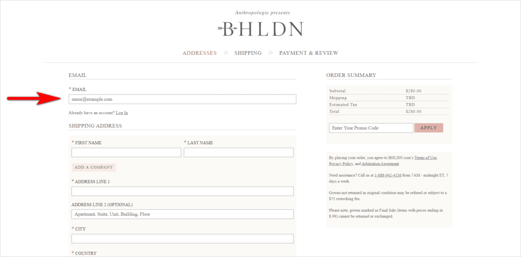 bhldn checkout e-mail first