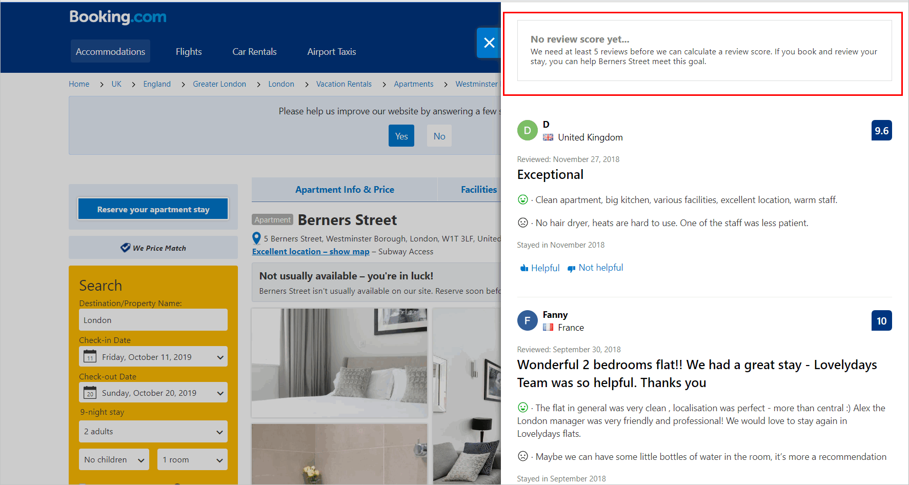 Booking.com's property detail page with message informing the user that the site does not display an average score unless the property has at least 5 reviews. 