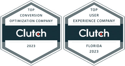 Two Clutch award badges for 2023 top conversion optimization company, and 2023 top user experience company in Florida