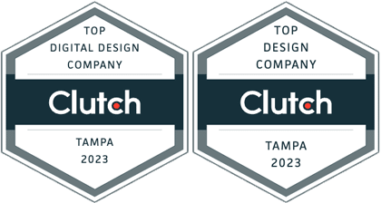 Two Clutch award badges for 2023 top digital design company in Tampa, and 2023 top design company in Tampa