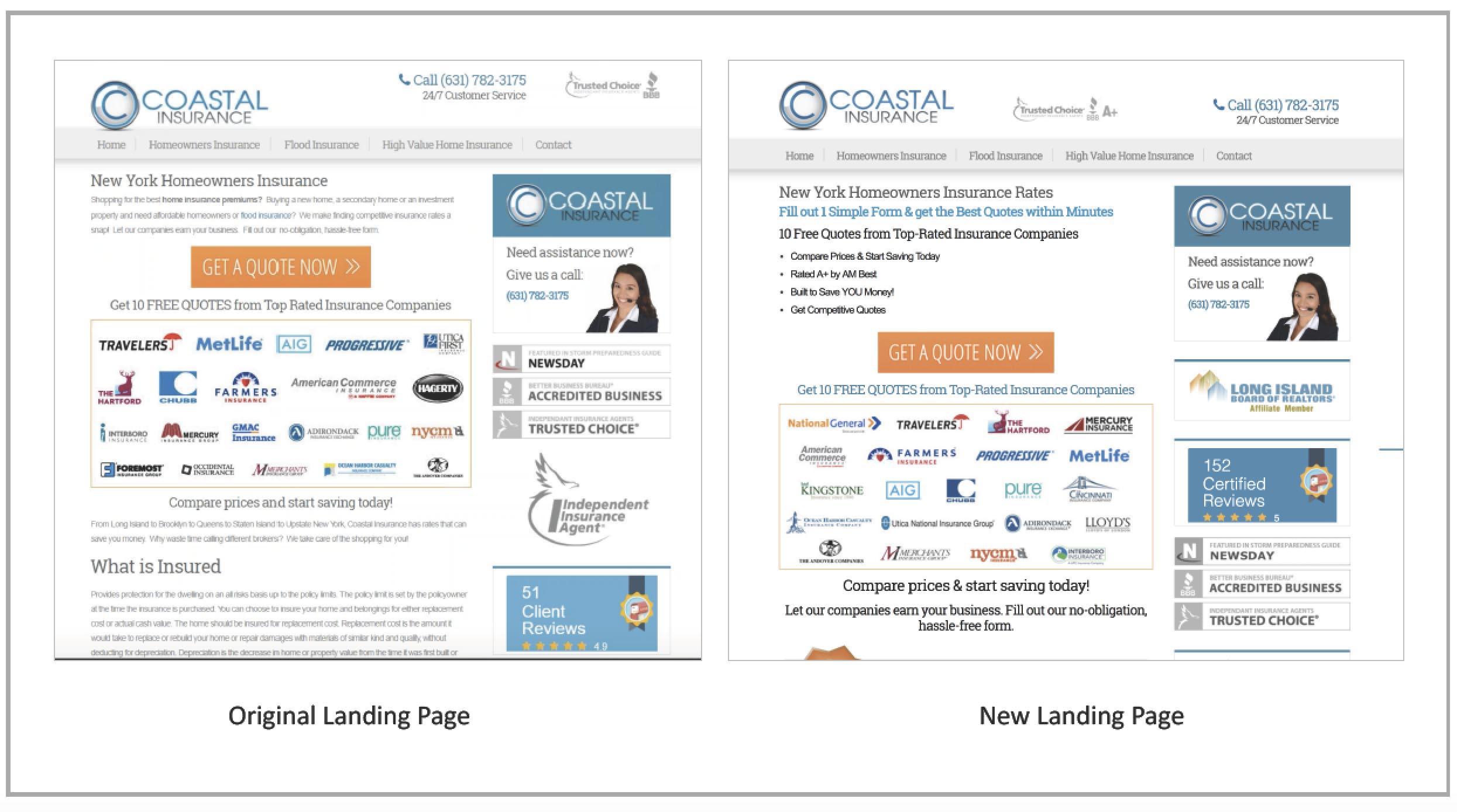 Coastal Insurance Original versus New Landing Page