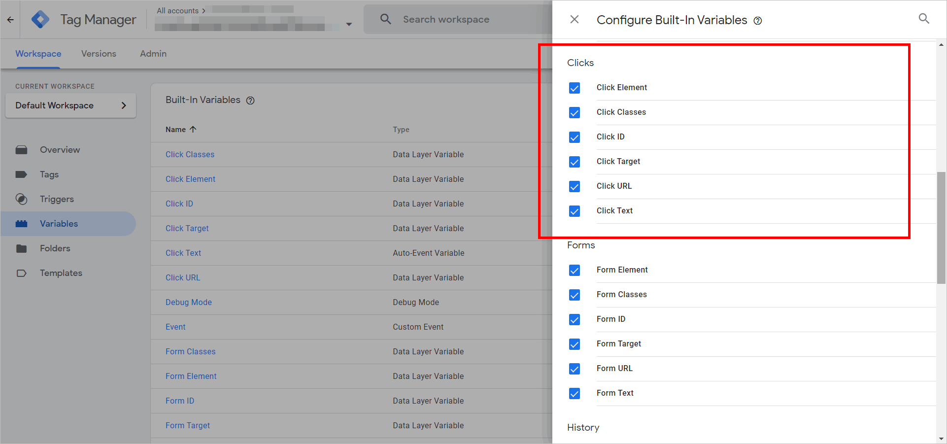 configure built-in variables panel with the clicks variables checkboxes ticked and highlighted