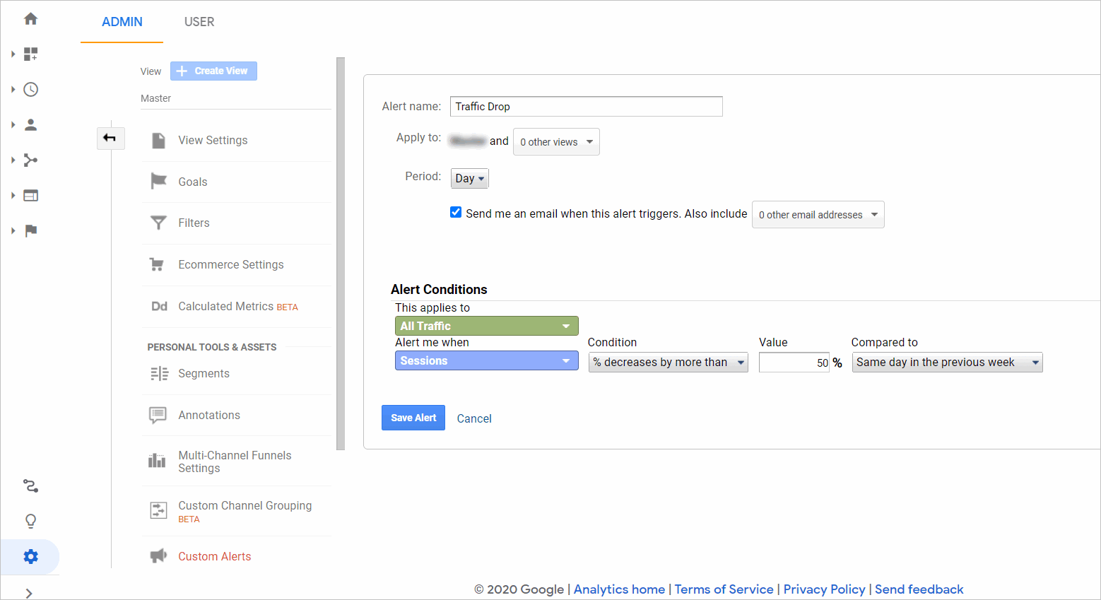 creating a custom alert screen on google analytics. the example is for a traffic drop which will prompt google analytics to send an alert if sessions decrease by more than 50% compared to the same day the previous week