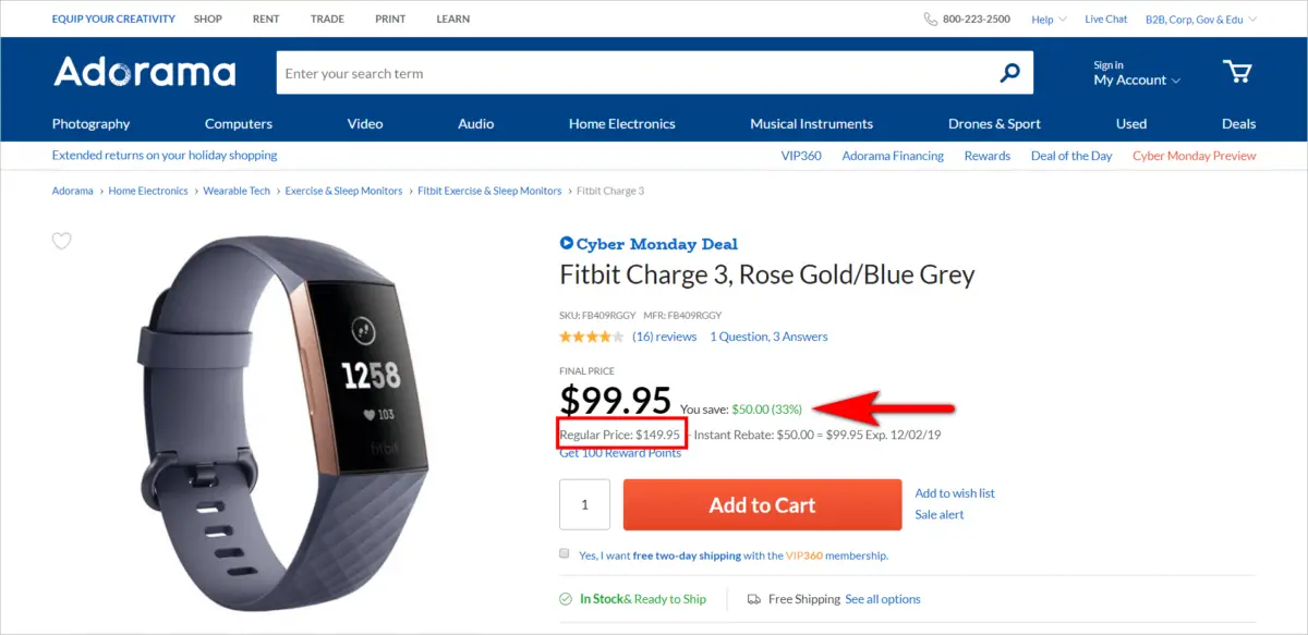 Adorama's Cyber Monday promotion displays the Fitbit Charge 3 in Rose Gold/Blue Grey for $99.95, marked down from $149.95, with a $50 savings indicated, offering customers a compelling discount on a popular fitness tracker.
