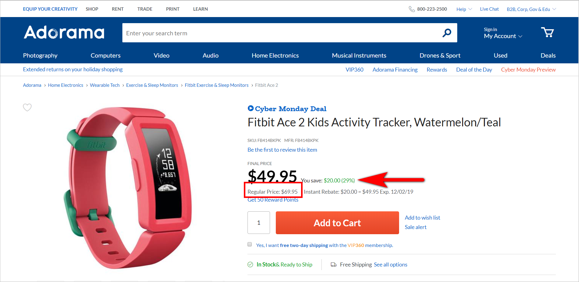 the rule of 100 example - adorama.com product detail page for fitbit ace 2 with a regular price of $69.95 and a sale price of $49.95. the pdp shows that the customer saves $20.00 or 29%