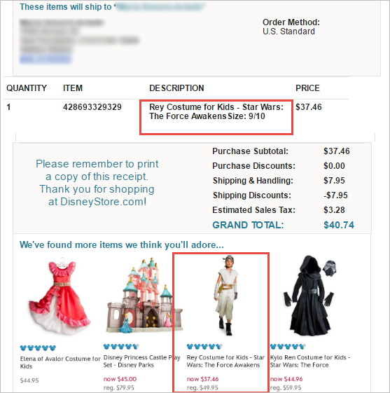 improve post-purchase experience - cross-sell fail example - a disney store order confirmation e-mail for the purchase of a star wars: the force awakens rey costume for kids. below the item details is a "we've found more items we think you'll adore" section which recommends 4 items. one of the recommendations is the same exact product the customer has just purchased