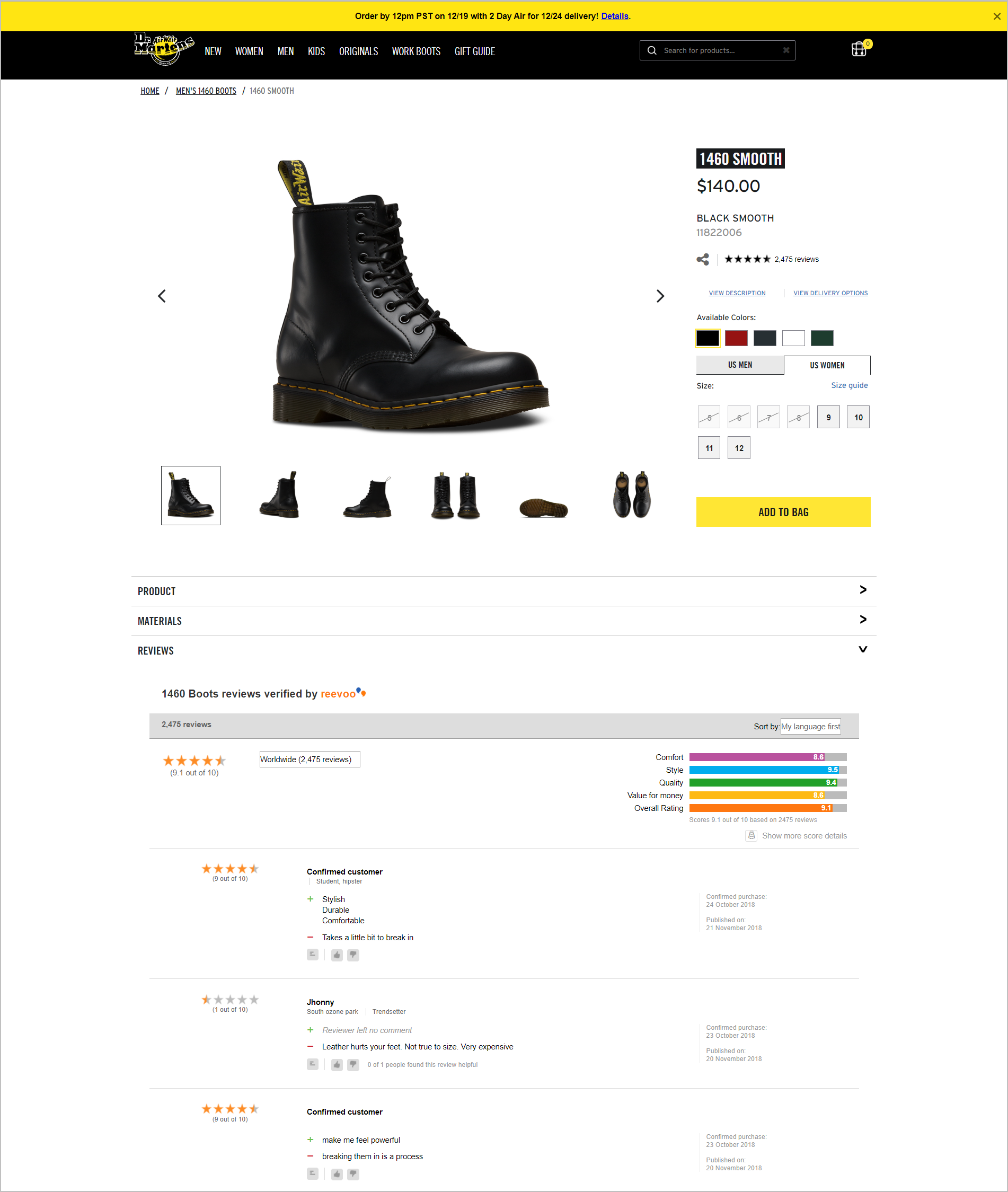 DrMartens.com's product detail page with reviews from Reevoo. 
