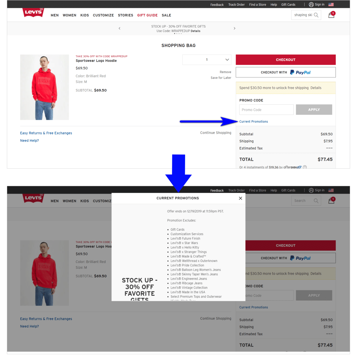 Levi's shopping cart page illustrates a promotional strategy with a clickable 'Current Promotions' link, revealing a popover detailing a 30% off offer on select items, effectively communicating available discounts directly within the cart.
