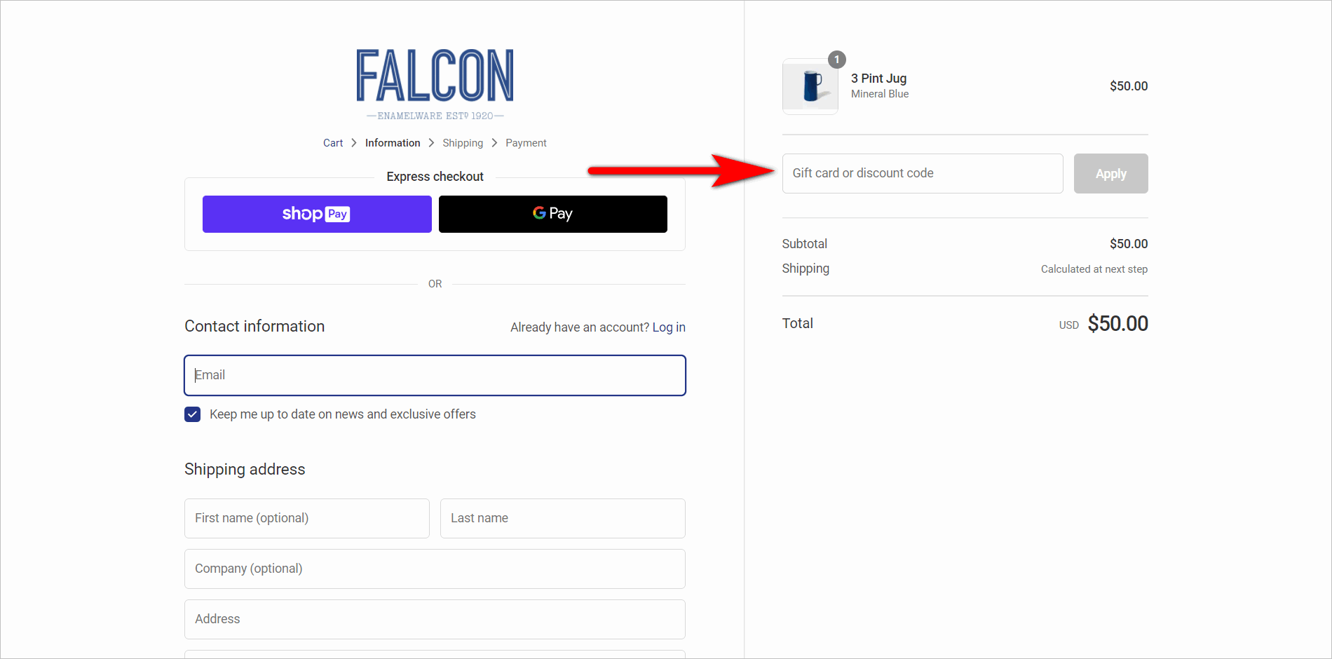 prominent promo code box example- us.falconenamelware.com's checkout page has a visually prominent prominent 
