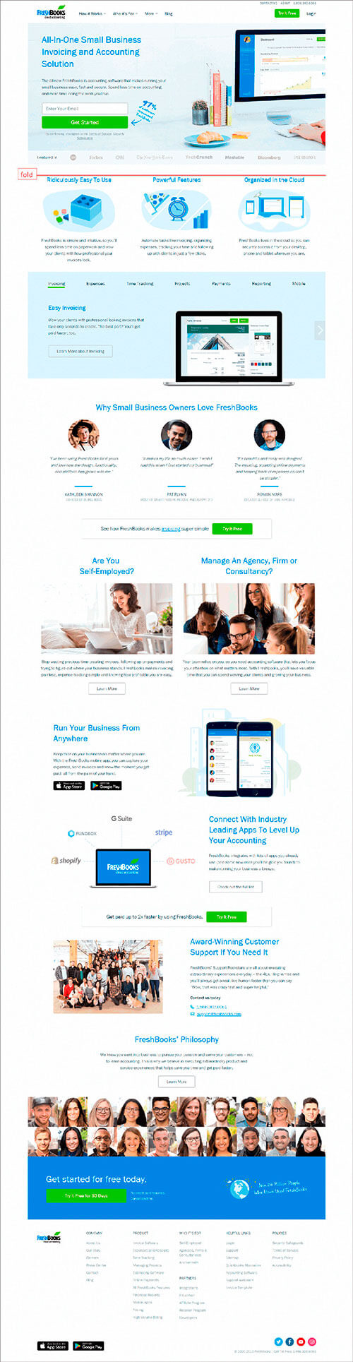 FreshBooks.com: Example of good homepage design - directs user attention to the CTA, borrows trust from media companies, presents CTA in every screenful