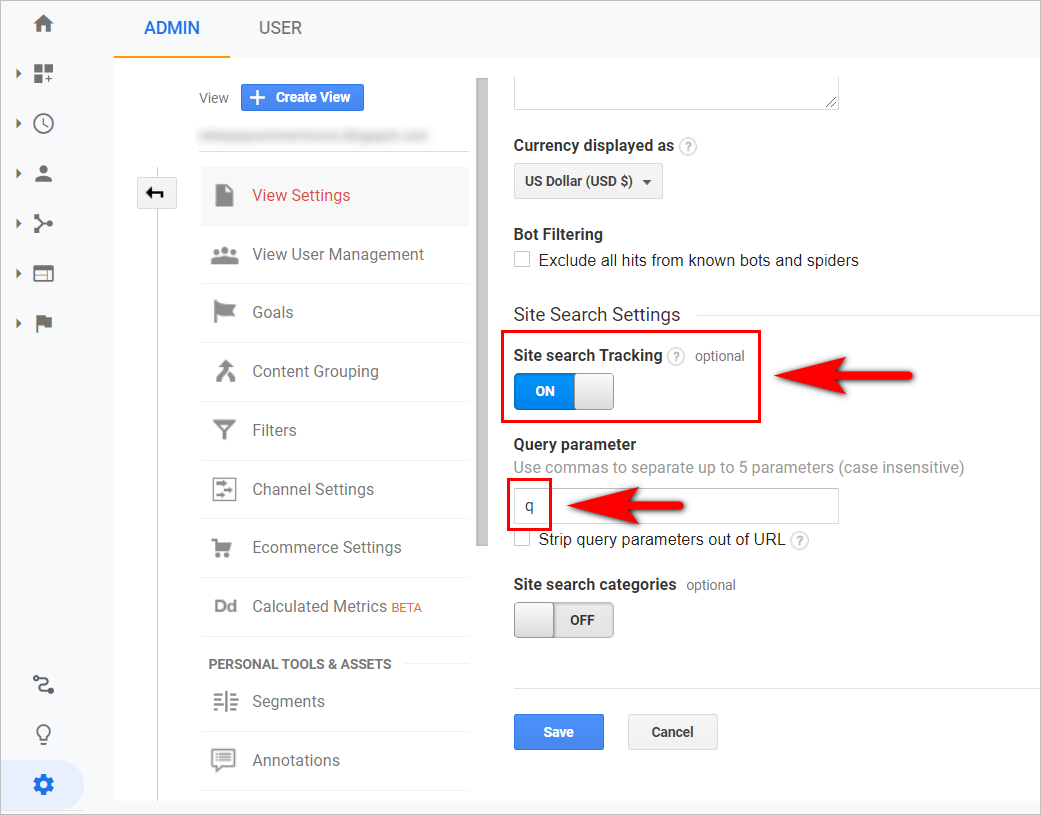 setting up on-site search tracking in google analytics - google analytics view settings section with the site search tracking set to "on" and the query parameter field filled in