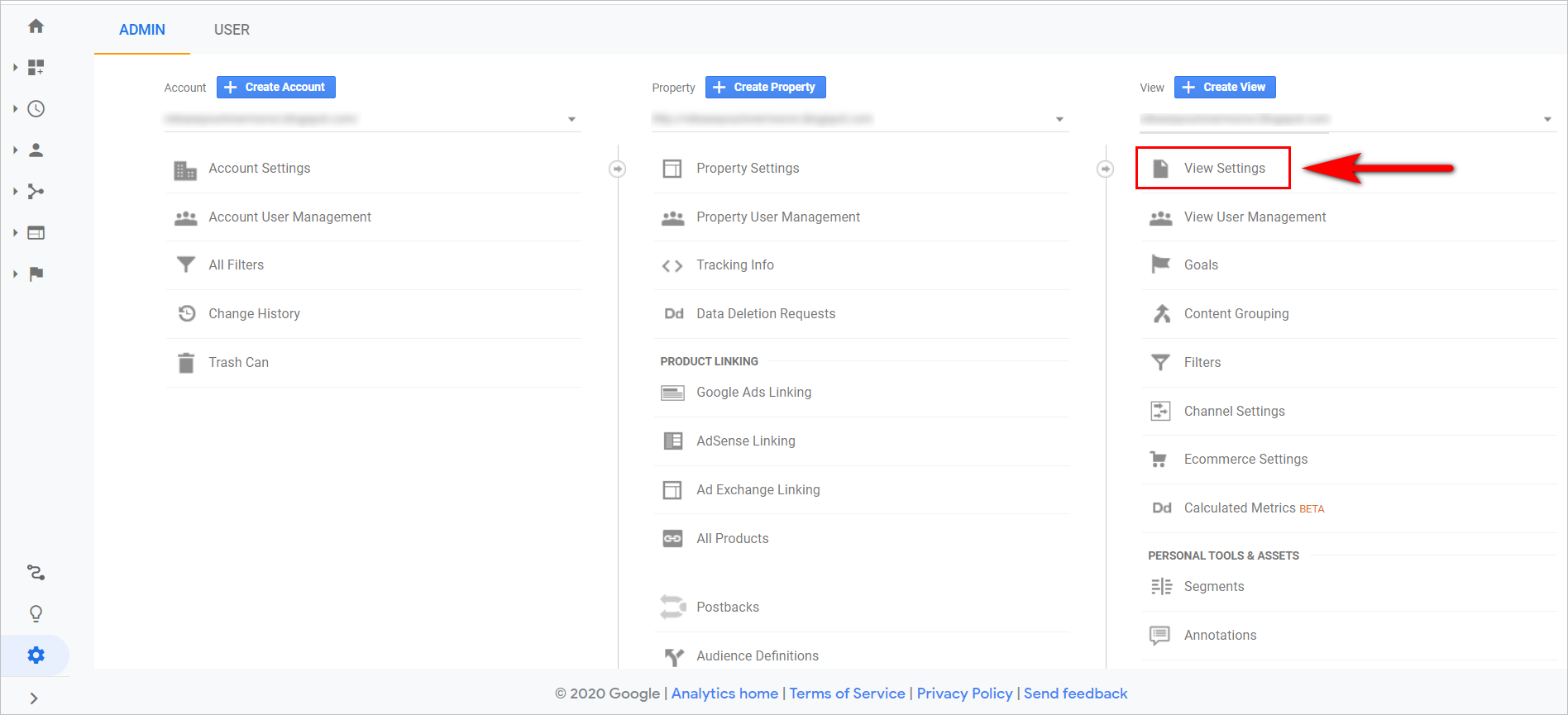 setting up on-site search tracking in google analytics - google analytics admin page page with the view settings link at the top of the third column
